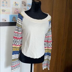 Free People Cream Off-the-Shoulder Sweater with Multicolor Sleeves